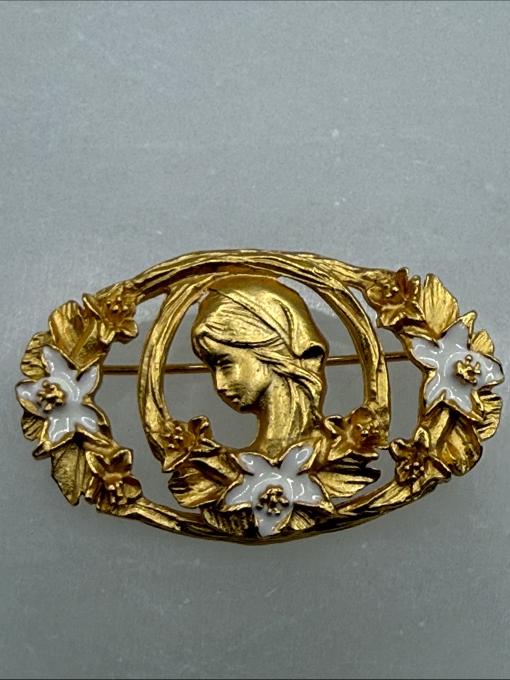 Art nouveau Gold tone Floral Lady Cameo Brooch with White Enamel Accents pin